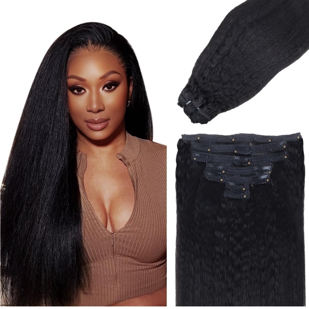 14” Kinky Straight Hair Clip in, Hair Extensions with Lace Weft, 7pcs 120g